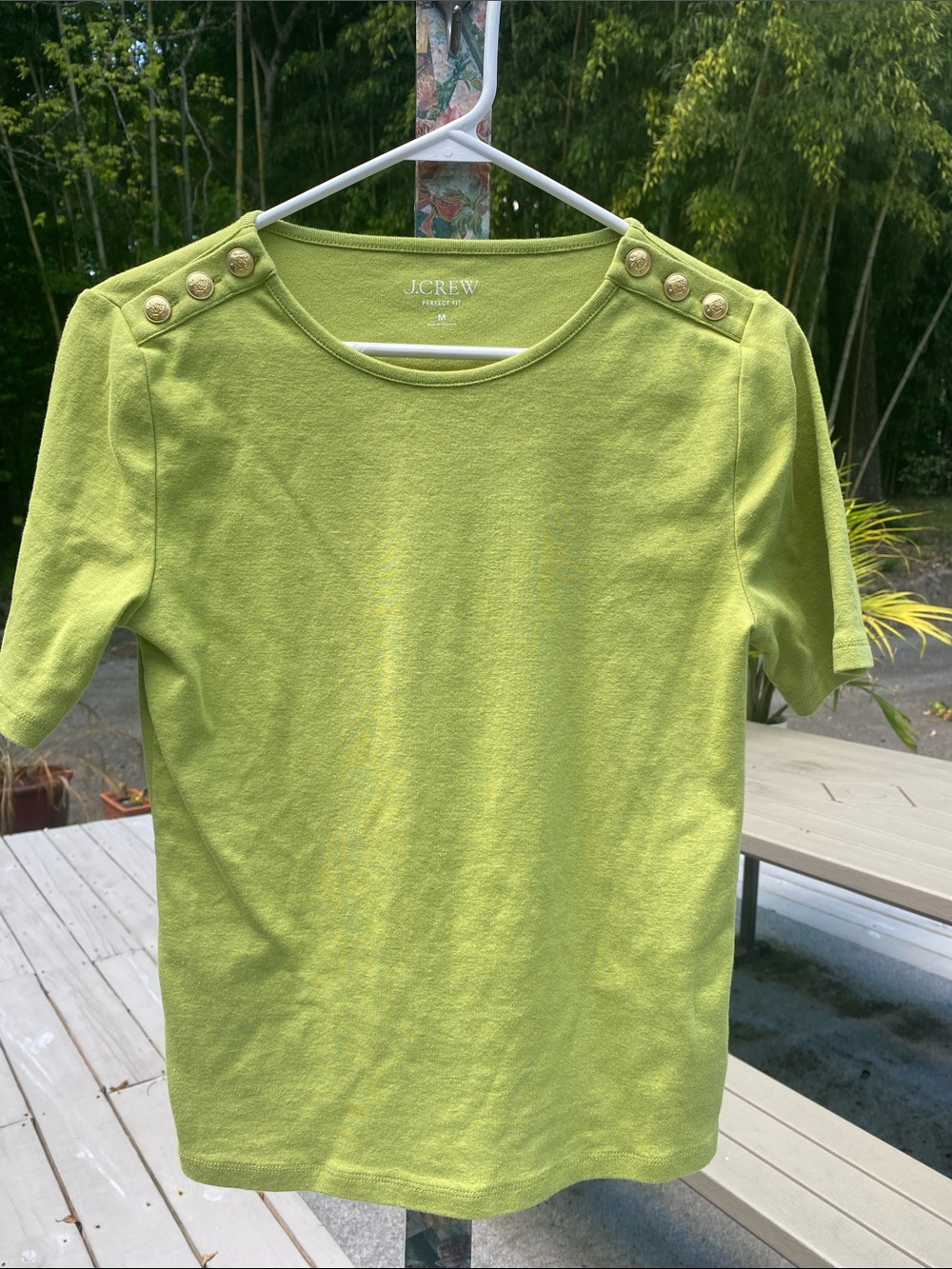 J. Crew Bright Lime Green Short Sleeve Top with Gold Shoulder Buttons